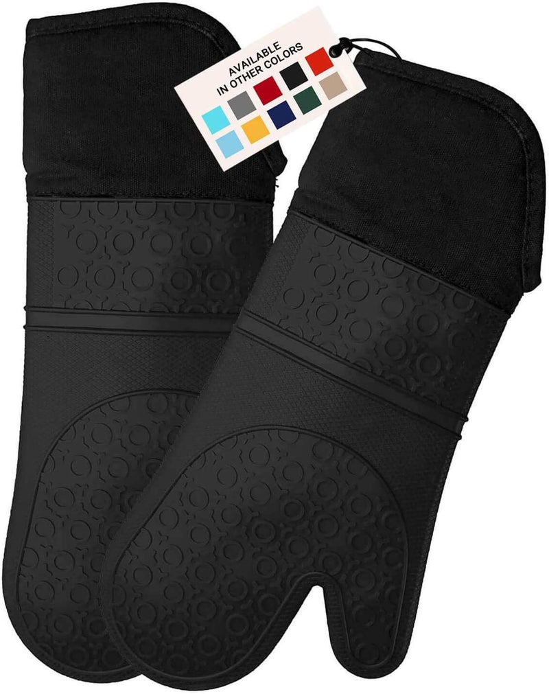 HOMWE Extra Long Professional Silicone Oven Mitt  Oven Mitts with Quilted Liner  Heat Resistant Pot Holders  Flexible Oven Gloves  Black  1 Pair  14.7 Inch - Image 1